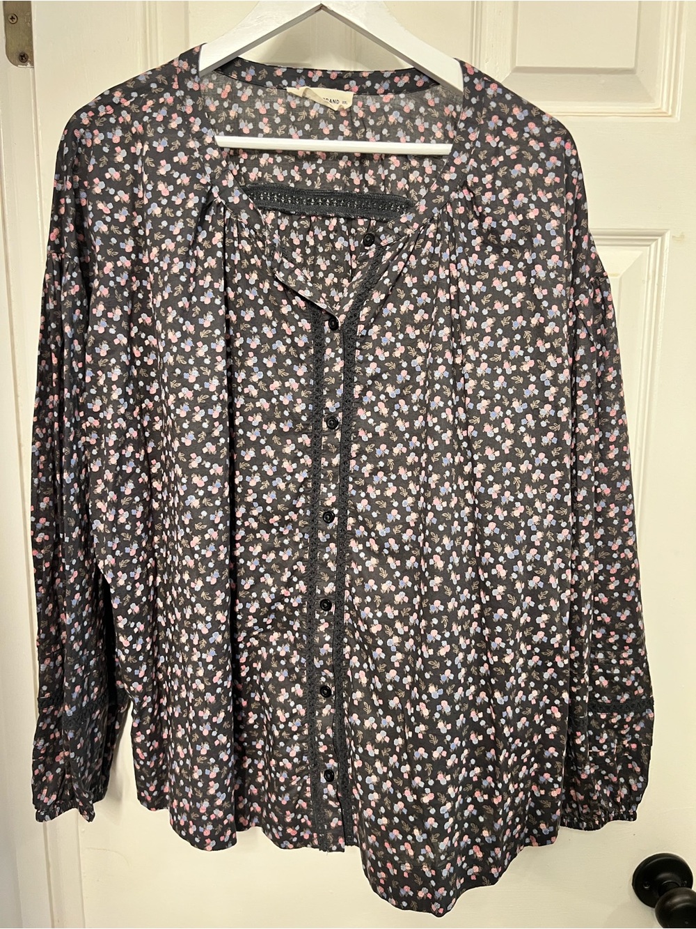 Lucky Brand Black Button-Front Blouse with Pink and Light Blue Floral Print